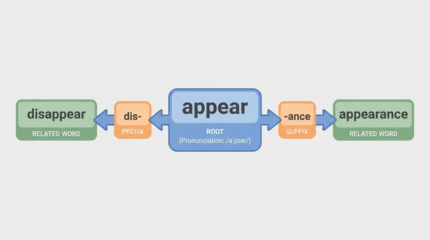 diagram with root "appear" in the center and arrows adding dis- and -ance to form disappear and appearance