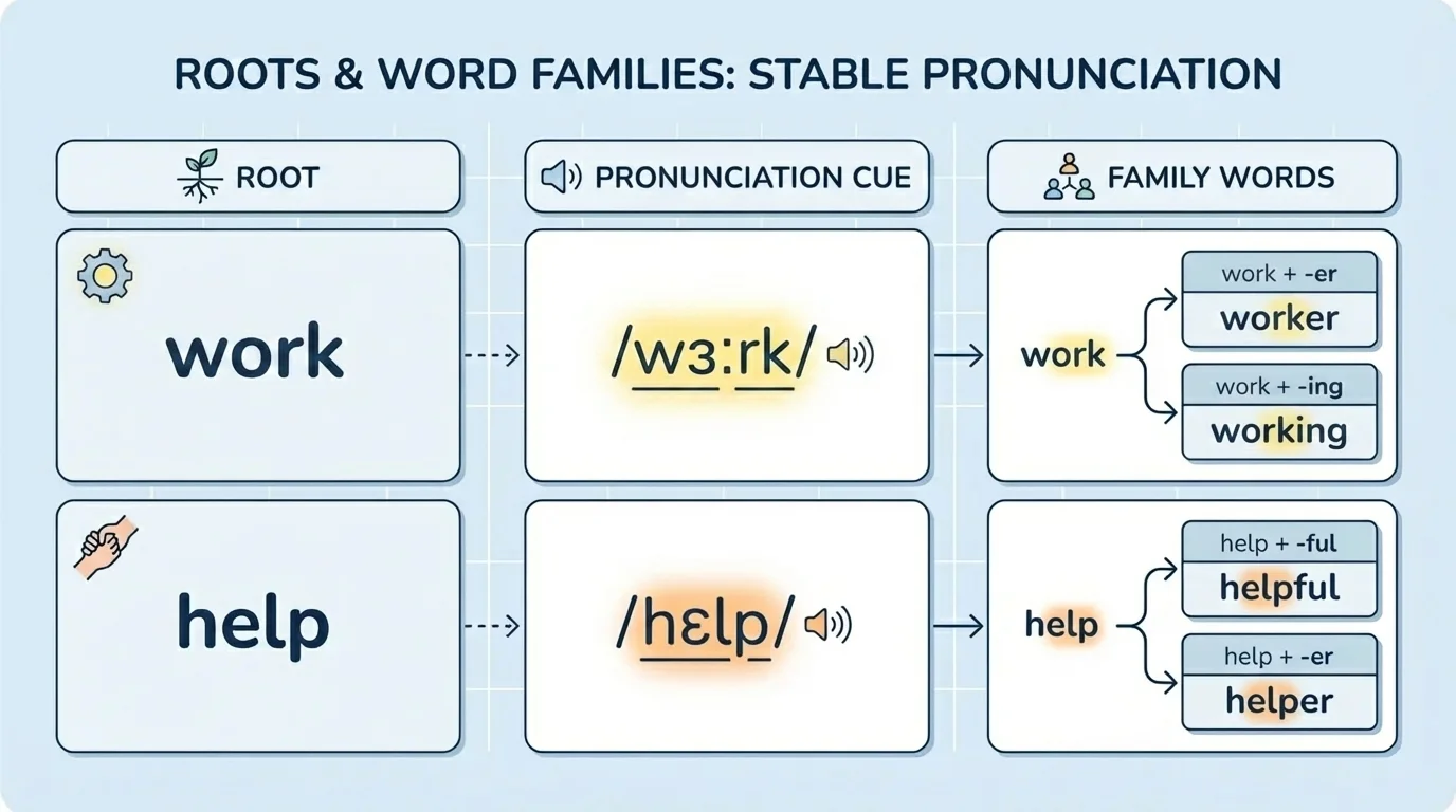 chart with columns for root, pronunciation cue, and family words such as music-musical-musician and help-helpful-helper