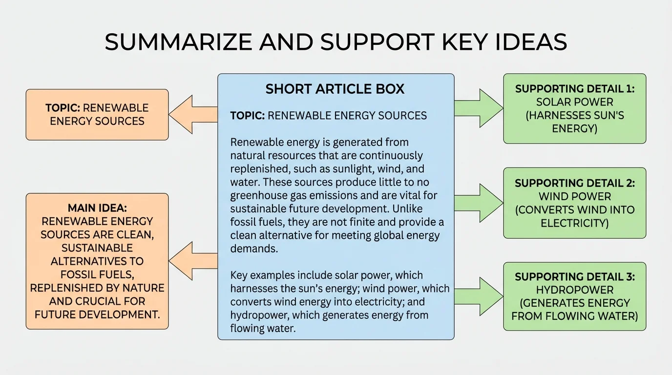 chart showing a short article box with arrows labeling topic, main idea, and three supporting details