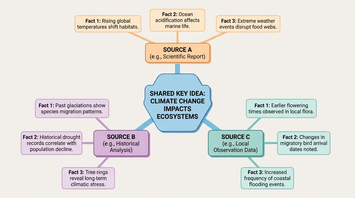 chart comparing three sources with shared central idea in the middle and different supporting facts around it