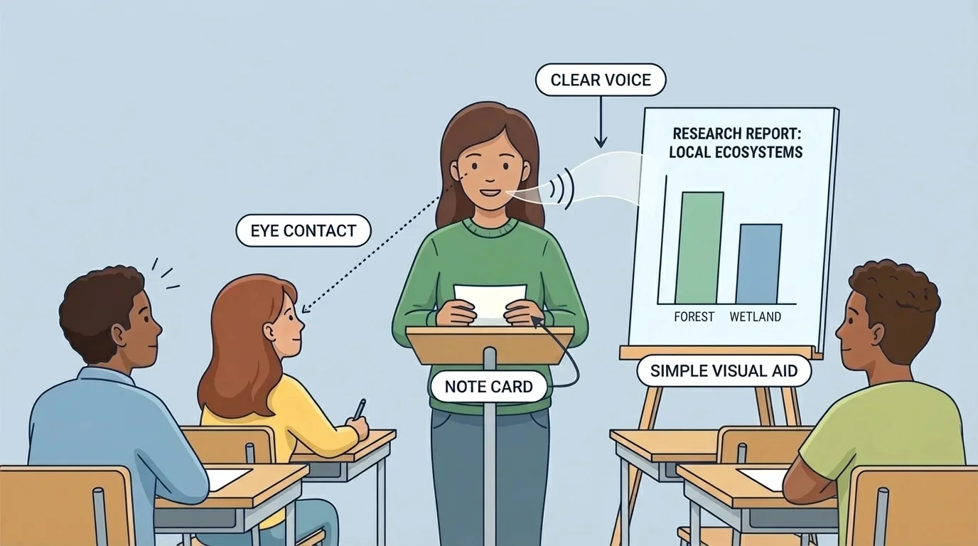 Student presenting to classmates with labels for clear voice, eye contact, note card, and simple visual aid