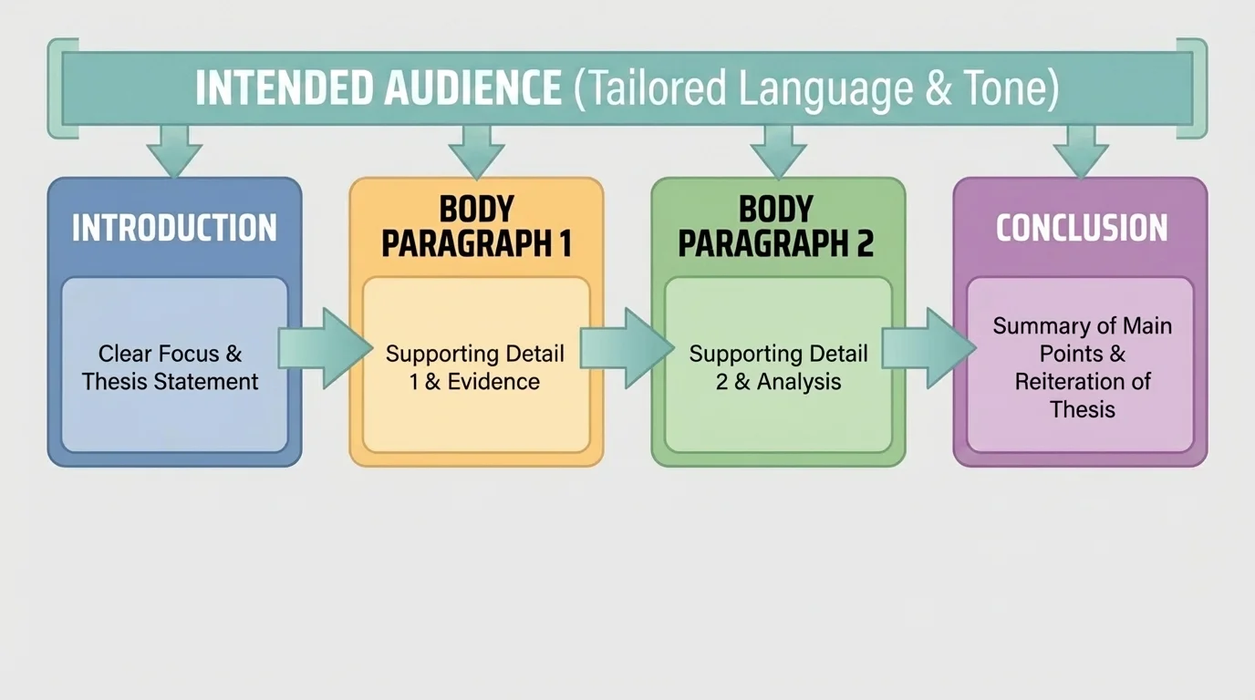 Report structure with four connected boxes labeled introduction, body paragraph 1, body paragraph 2, conclusion