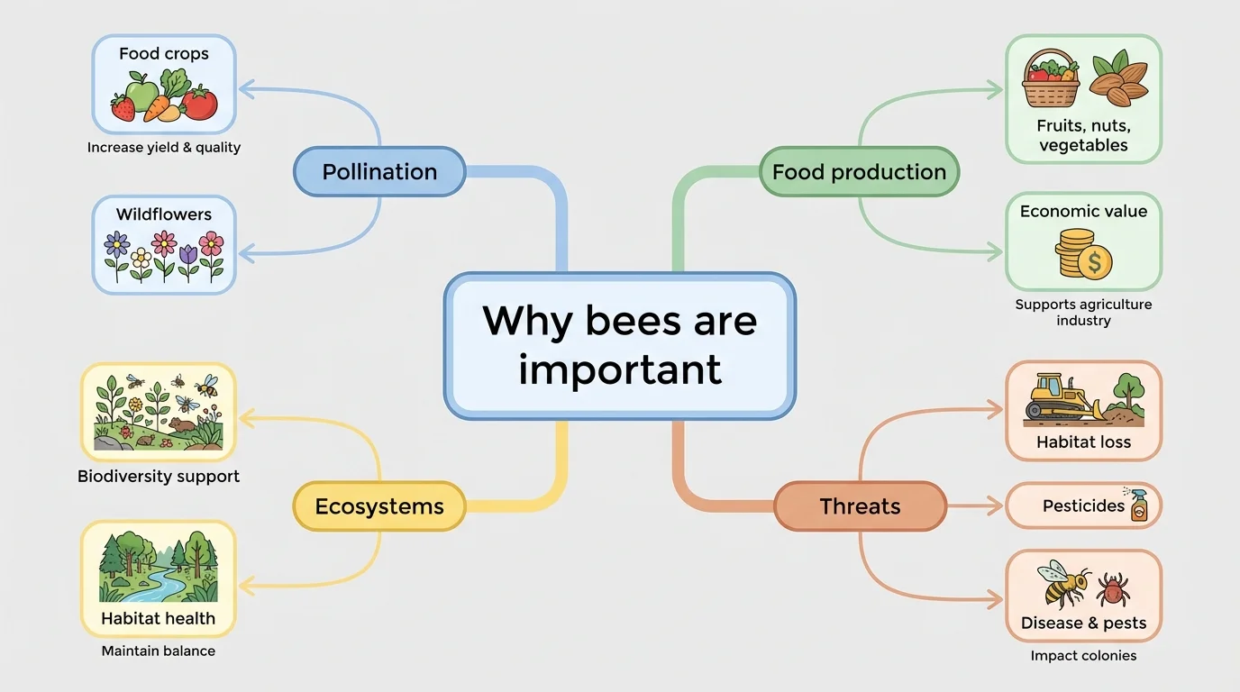Central bubble labeled 'Why bees are important' with branches labeled pollination, food production, ecosystems, and threats