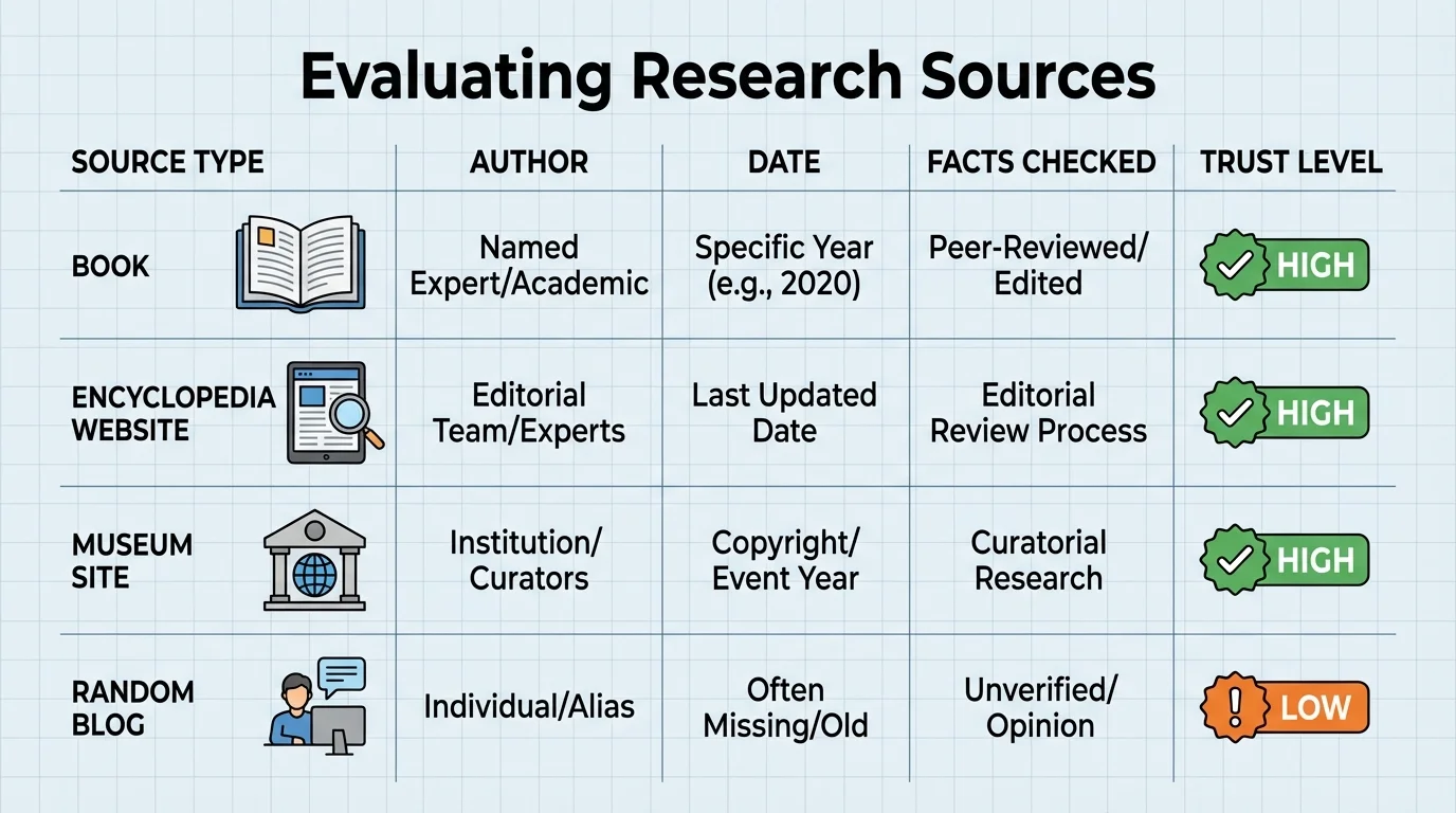 Comparison chart with four source examples—book, encyclopedia website, museum site, random blog—and columns labeled author, date, facts checked, and trust level