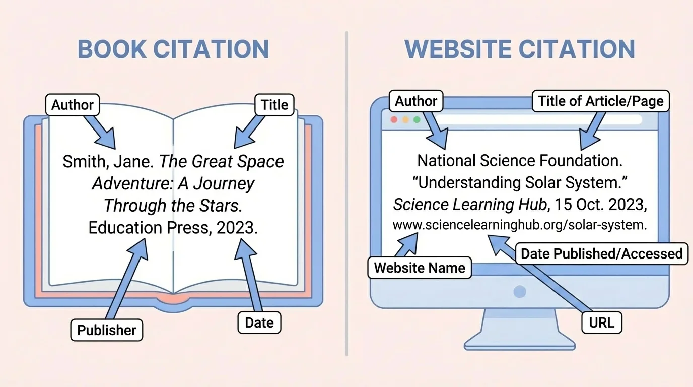 sample book citation and sample website citation with arrows labeling author, title, publisher or website name, date, and URL