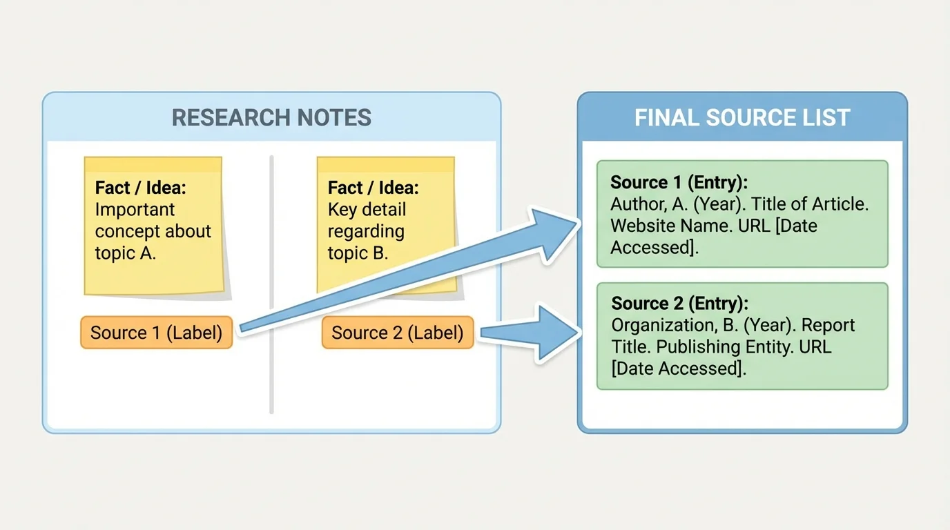 note-taking system with Source 1 and Source 2 labels on research notes, arrows leading to matching entries in a final source list