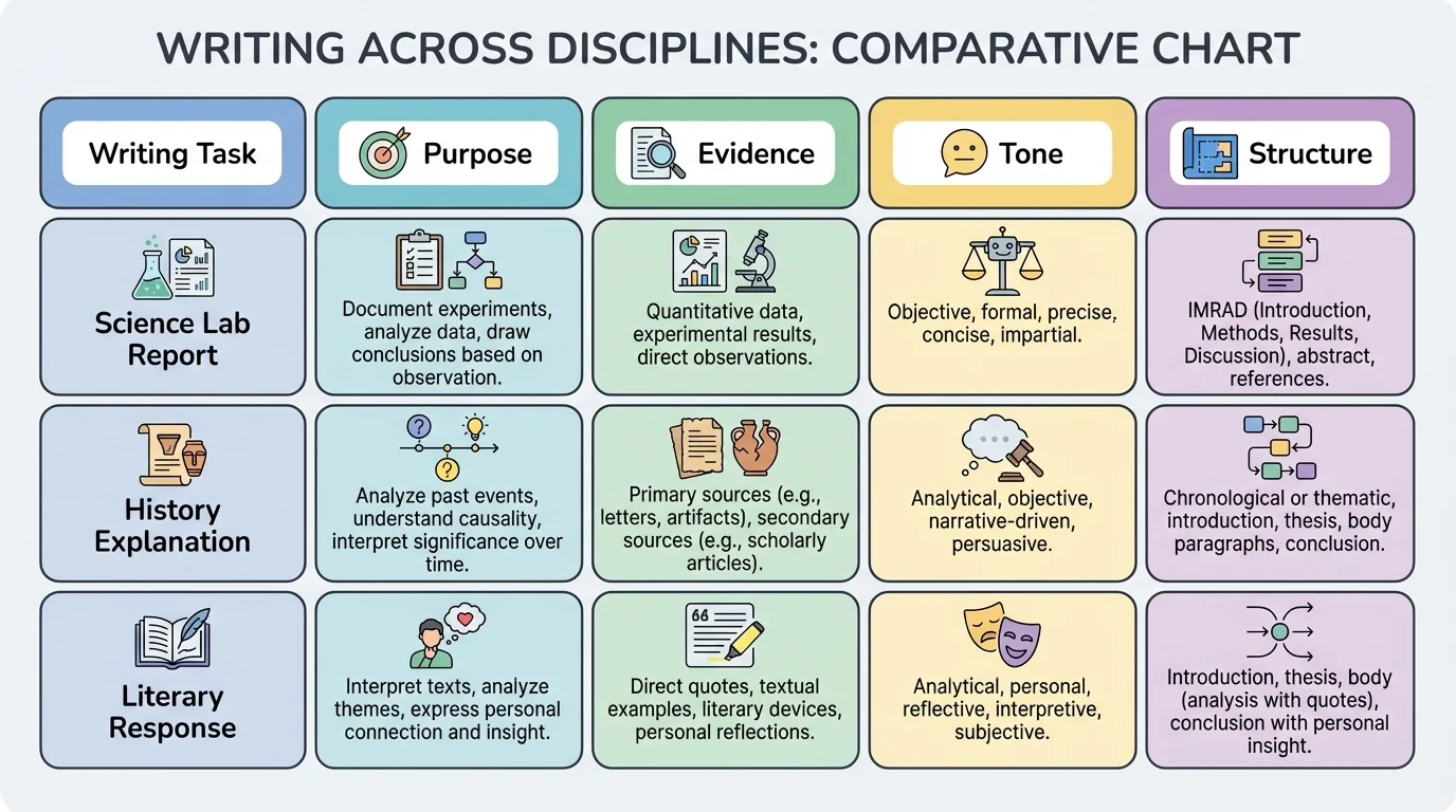 chart comparing science lab report, history explanation, and literary response by purpose, evidence, tone, and structure