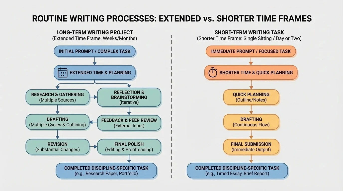 flowchart comparing a long-term writing project with stages over several days and a short single-sitting writing task with quick planning, drafting, and editing