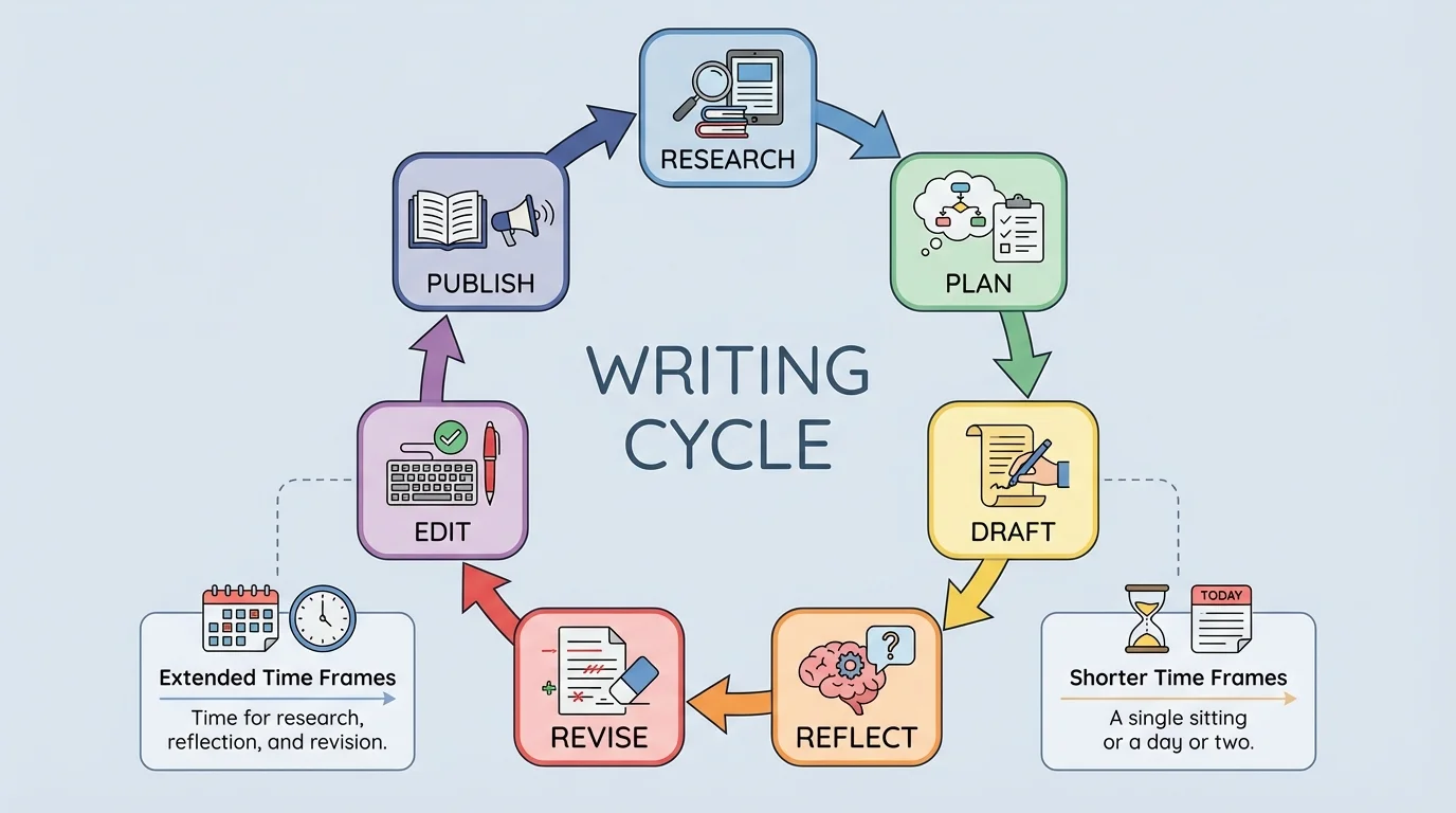diagram of the writing cycle showing research, plan, draft, reflect, revise, edit, and publish with arrows in a loop