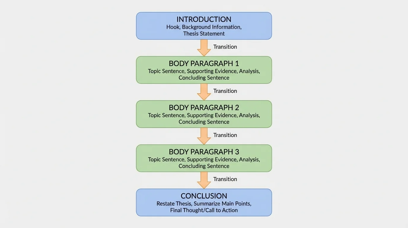 diagram of a writing outline with labeled introduction, three body paragraphs, transition arrows, and conclusion