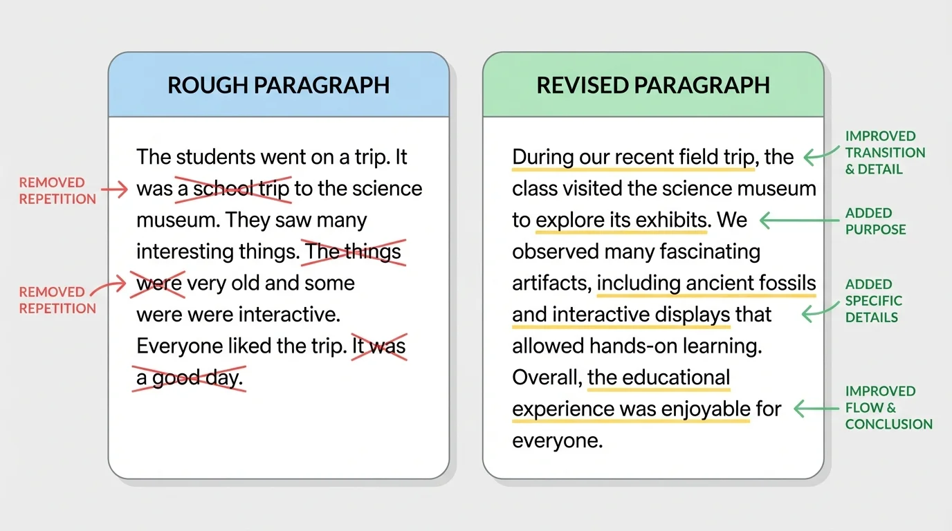 chart comparing a rough paragraph and a revised paragraph, with notes pointing to added details, removed repetition, and improved transitions