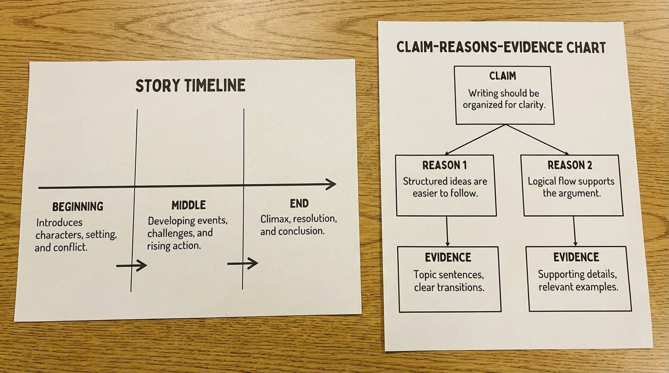 Side-by-side graphic organizers. On the left, a story timeline labeled Beginning, Middle, End with brief notes under each. On the right, a claim–reasons–evidence chart with a claim at the top and two reasons, each connected to a box labeled Evidence.