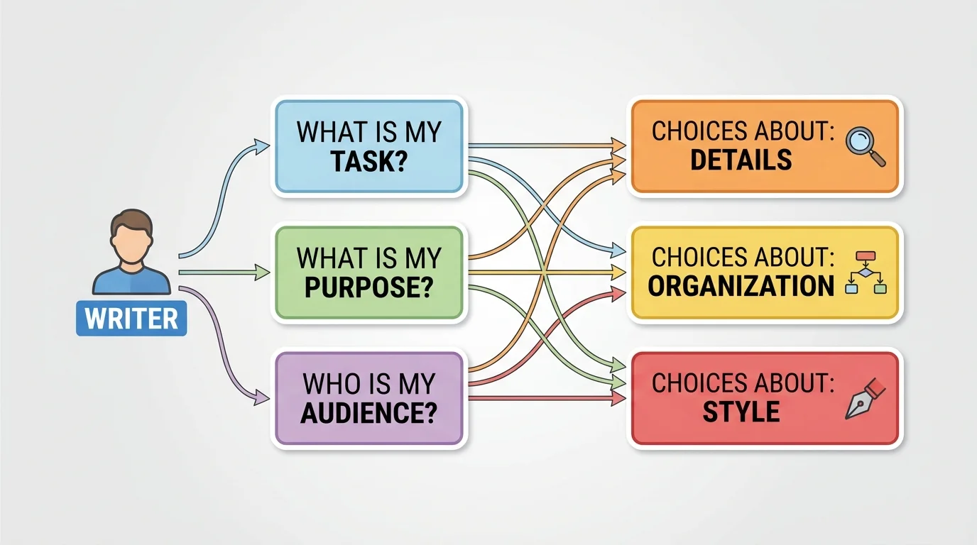 flowchart showing writer asking three questions—What is my task, what is my purpose, and who is my audience?—leading to choices about details, organization, and style