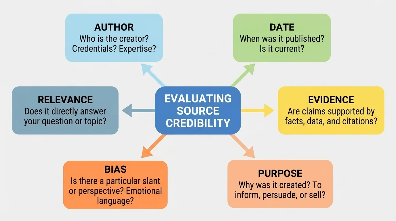 flowchart for evaluating source credibility with boxes labeled author, date, evidence, purpose, bias, and relevance connected by arrows
