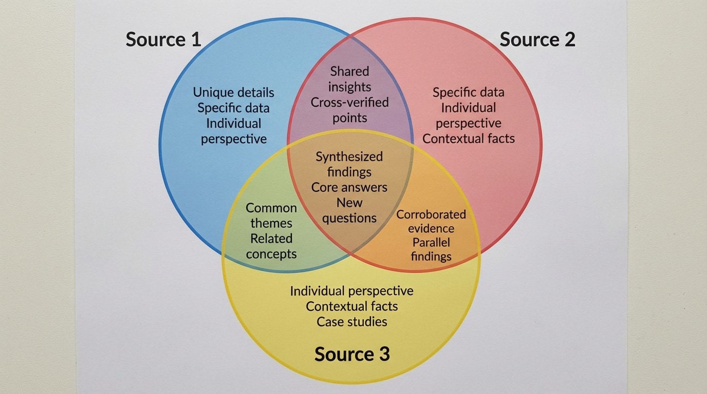Three-circle Venn diagram labeled Source 1, Source 2, Source 3, with overlapping areas showing shared ideas and unique details, illustrating synthesis