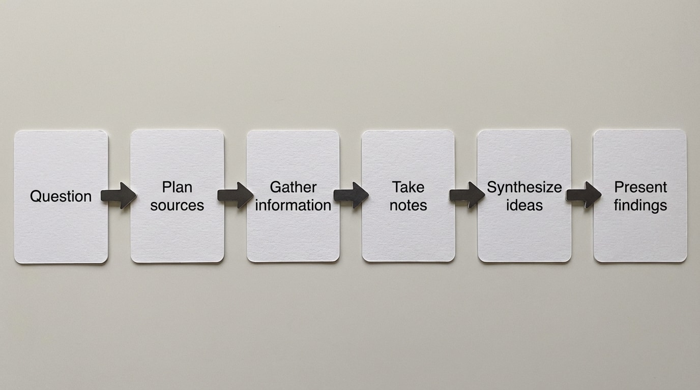 Flowchart showing steps of a short research project: Question → Plan sources → Gather information → Take notes → Synthesize ideas → Present findings