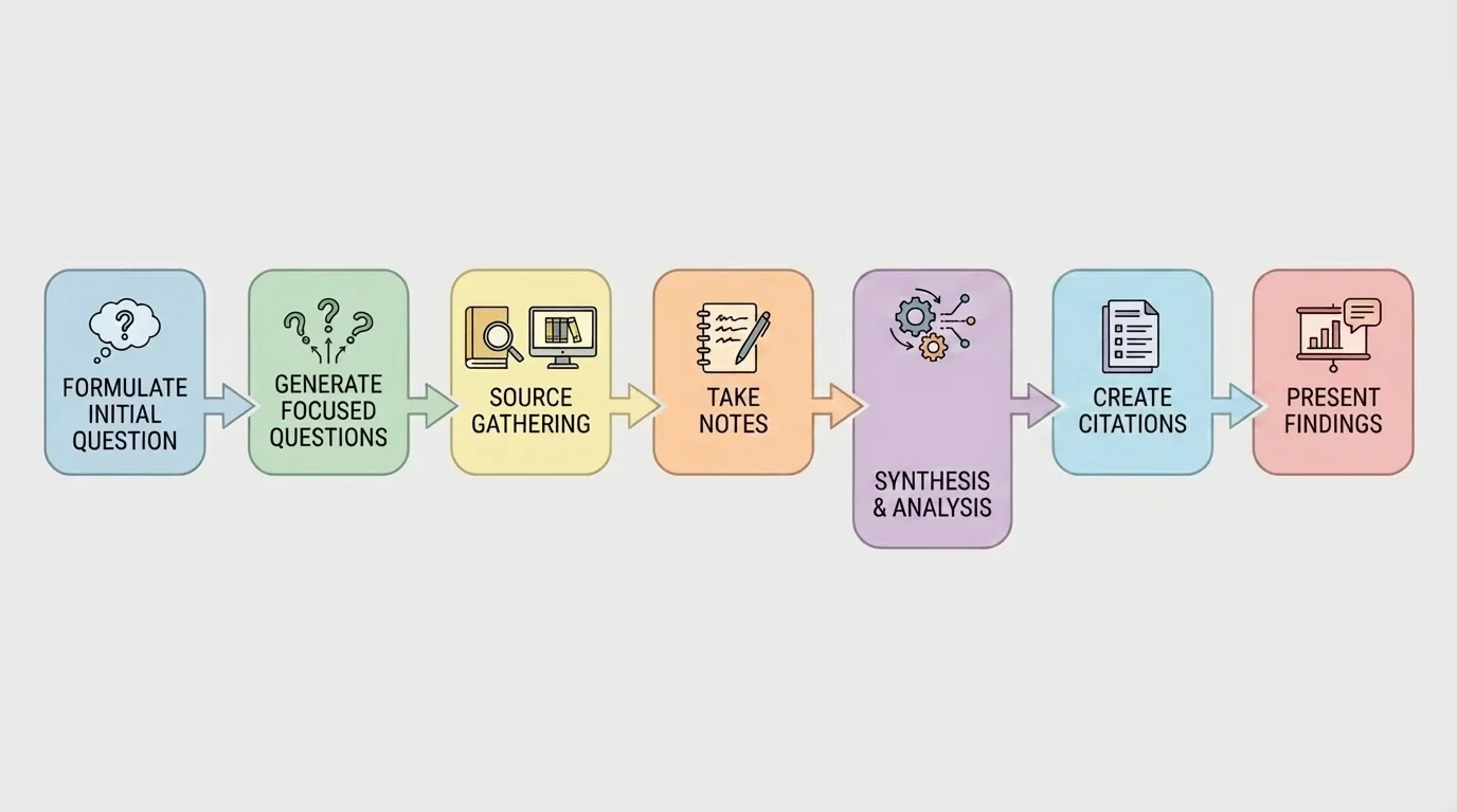 flowchart showing steps of a short research project from question to focused questions to source gathering to notes to synthesis to citation to presentation