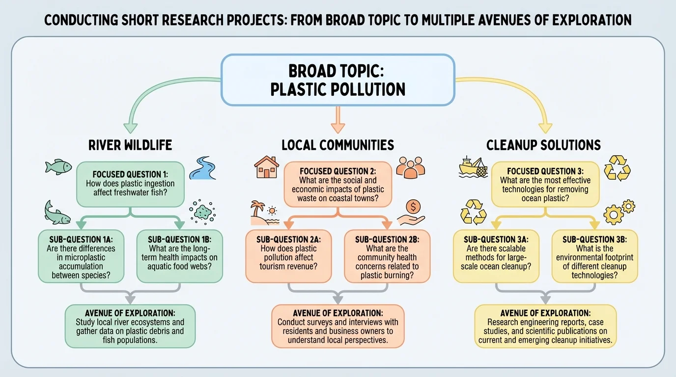 chart showing a broad topic labeled plastic pollution branching into focused research questions about river wildlife, local communities, and cleanup solutions