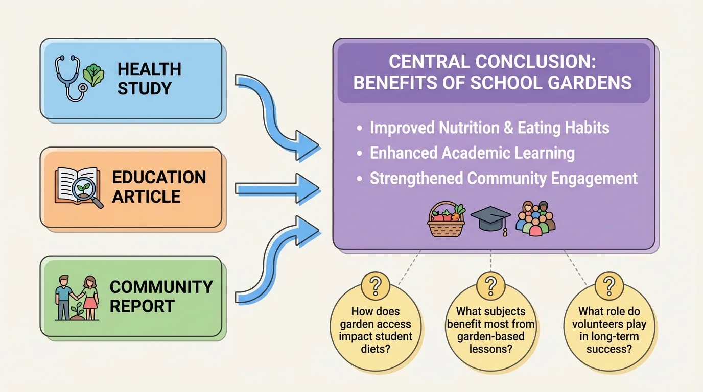 diagram with three source boxes labeled health study, education article, and community report feeding into one central conclusion about benefits of school gardens