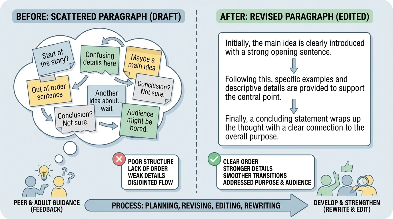 side-by-side illustration of a scattered paragraph and a revised paragraph with clear order, stronger details, and smoother transitions