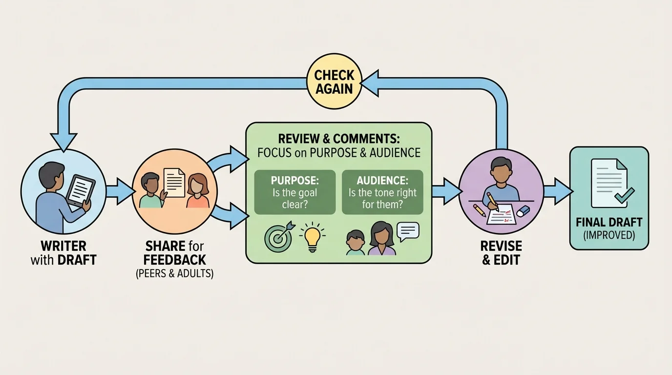 flowchart showing writer shares draft, receives comments on purpose and audience, revises, and checks again