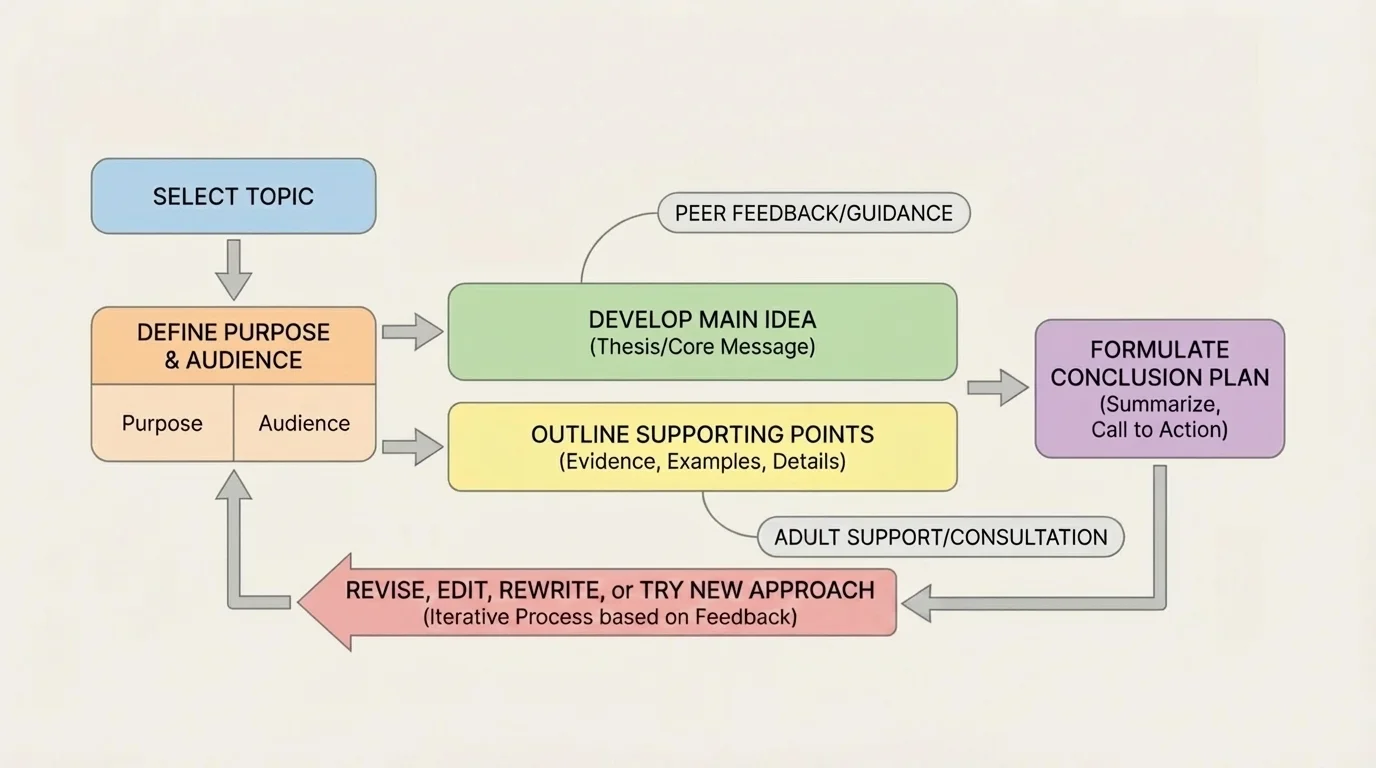 flowchart showing topic, purpose, audience, main idea, supporting points, and conclusion plan