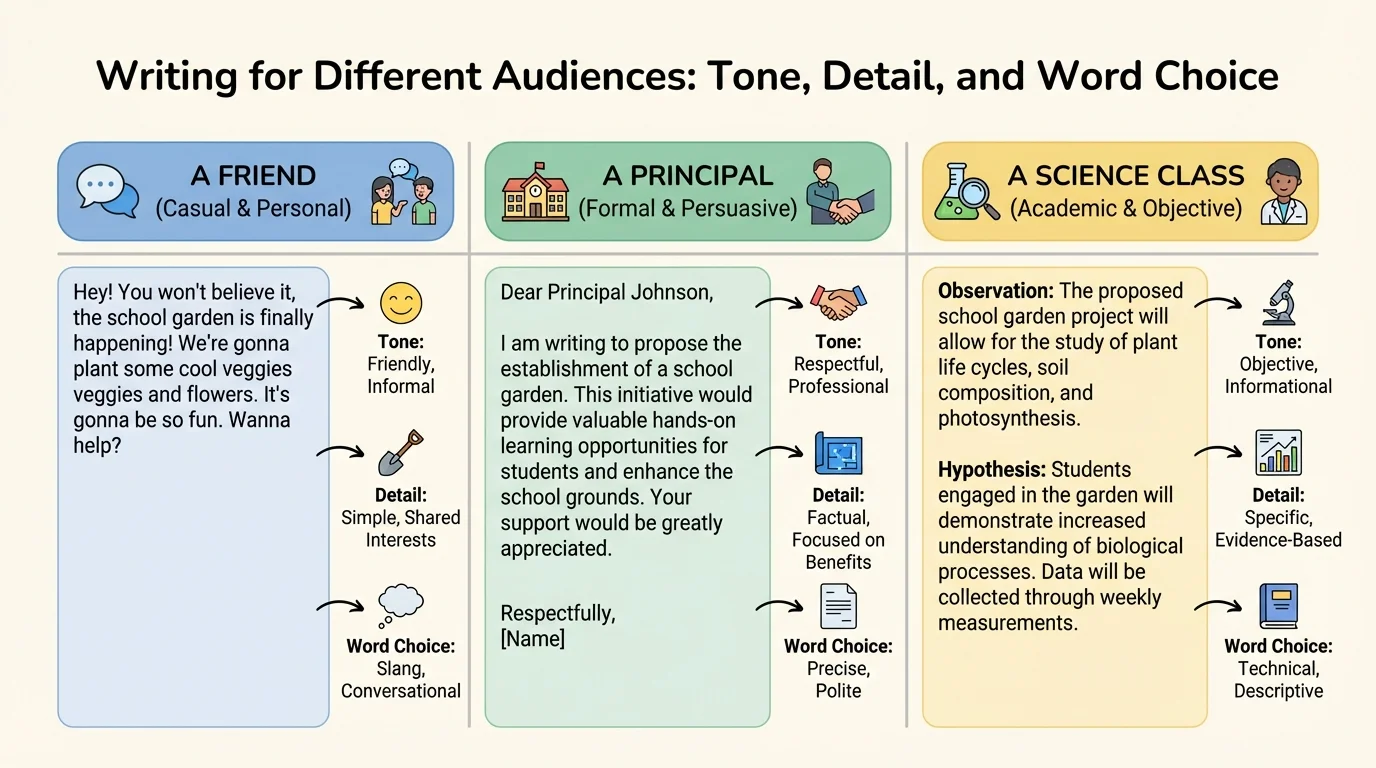 chart comparing one topic written for a friend, a principal, and a science class, with differences in tone, detail, and word choice