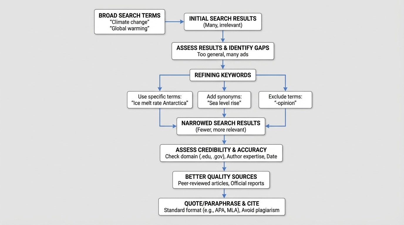 Flowchart showing a student starting with broad search terms, then narrowing or changing keywords step by step to get better search results