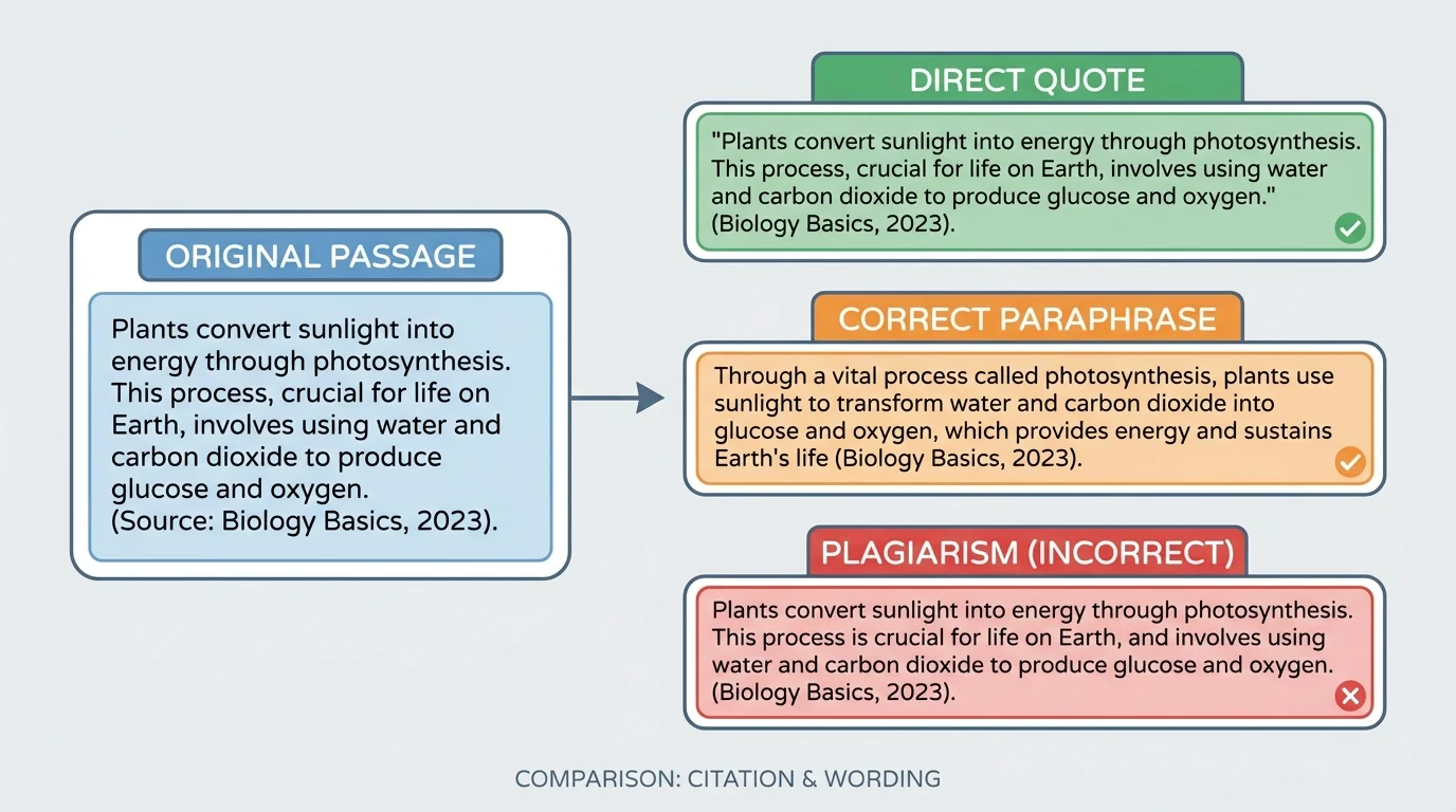 one original passage with three labeled versions beside it—direct quote with quotation marks, correct paraphrase in new wording, and plagiarism by copying too closely