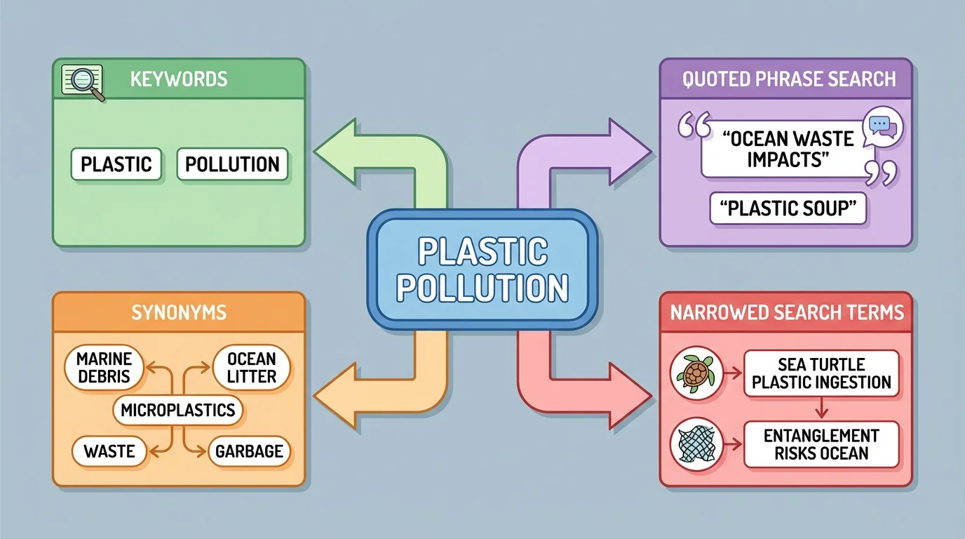 topic 'plastic pollution' branching into keywords, synonyms, quoted phrase search, and narrowed search terms about sea turtles and ocean waste