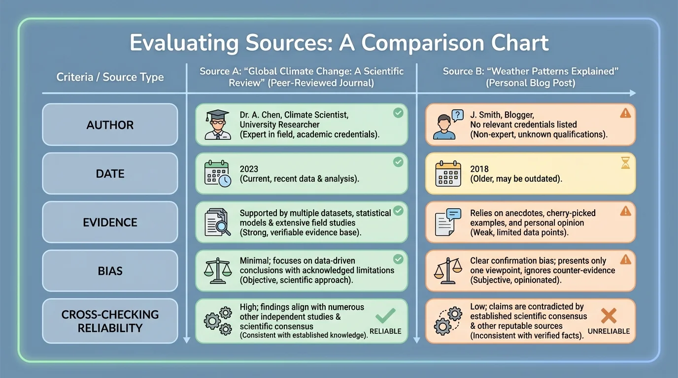 comparison chart of two sample sources with rows for author, date, evidence, bias, and cross-checking reliability