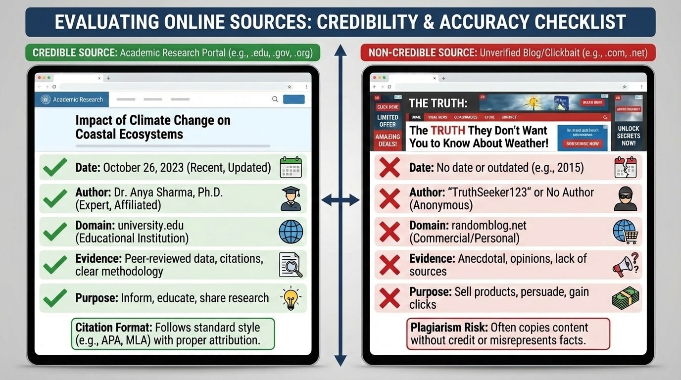 Side-by-side comparison chart of two example websites (one credible, one not) with checkmarks and X marks for date, author, domain, evidence, and purpose