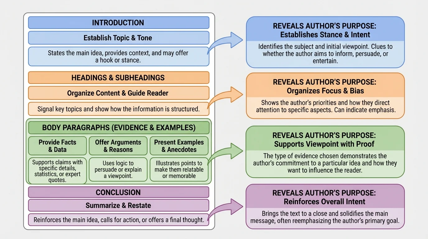informational article structure with labeled introduction, headings, body evidence, examples, and conclusion, each connected to how it reveals author purpose