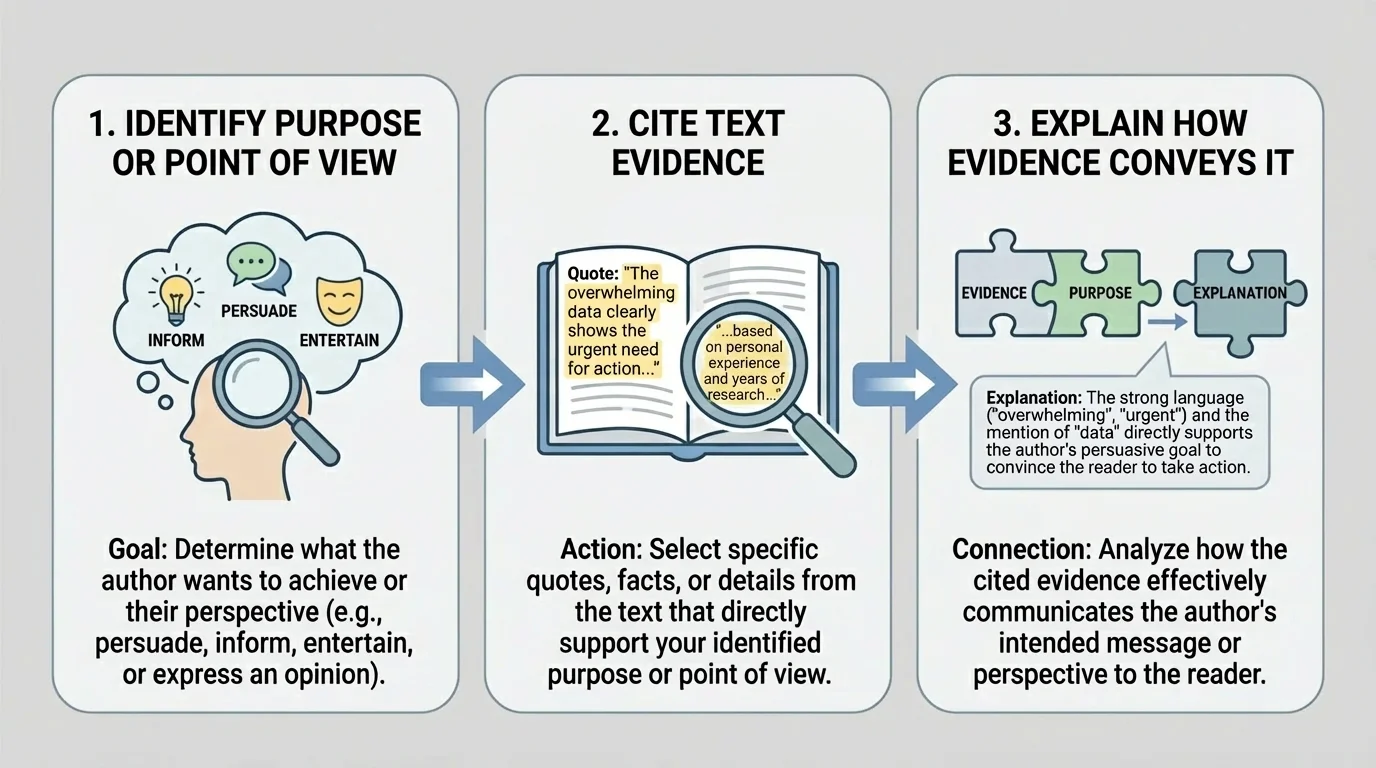 three-part response structure showing identify purpose or point of view, cite text evidence, and explain how the evidence conveys it
