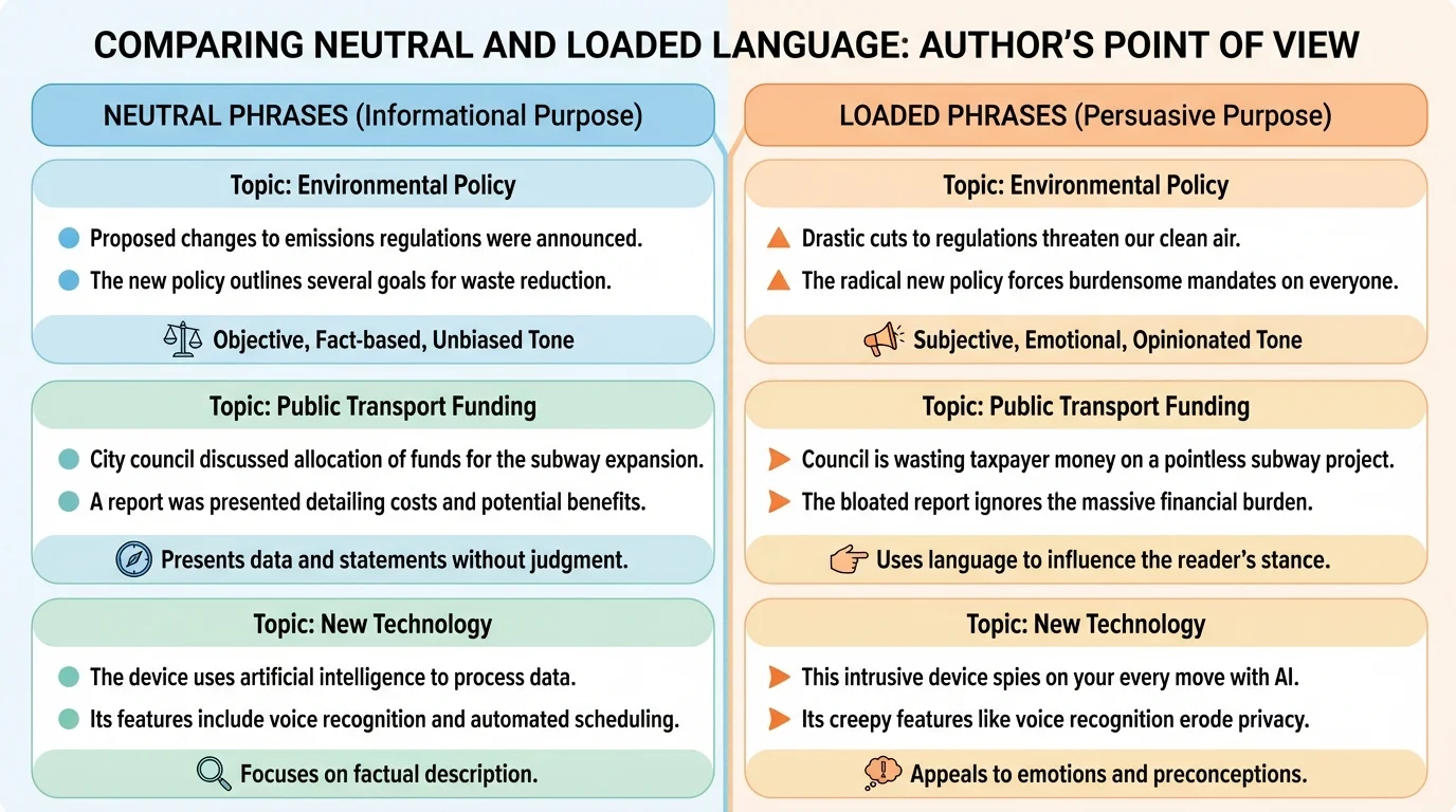 two-column chart comparing neutral phrases and loaded or emotional phrases about the same issue, with concise labels