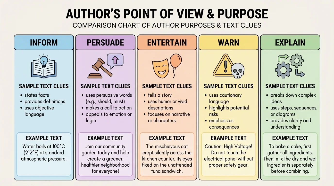 comparison chart of author purposes such as inform, persuade, entertain, warn, and explain with sample text clues for each
