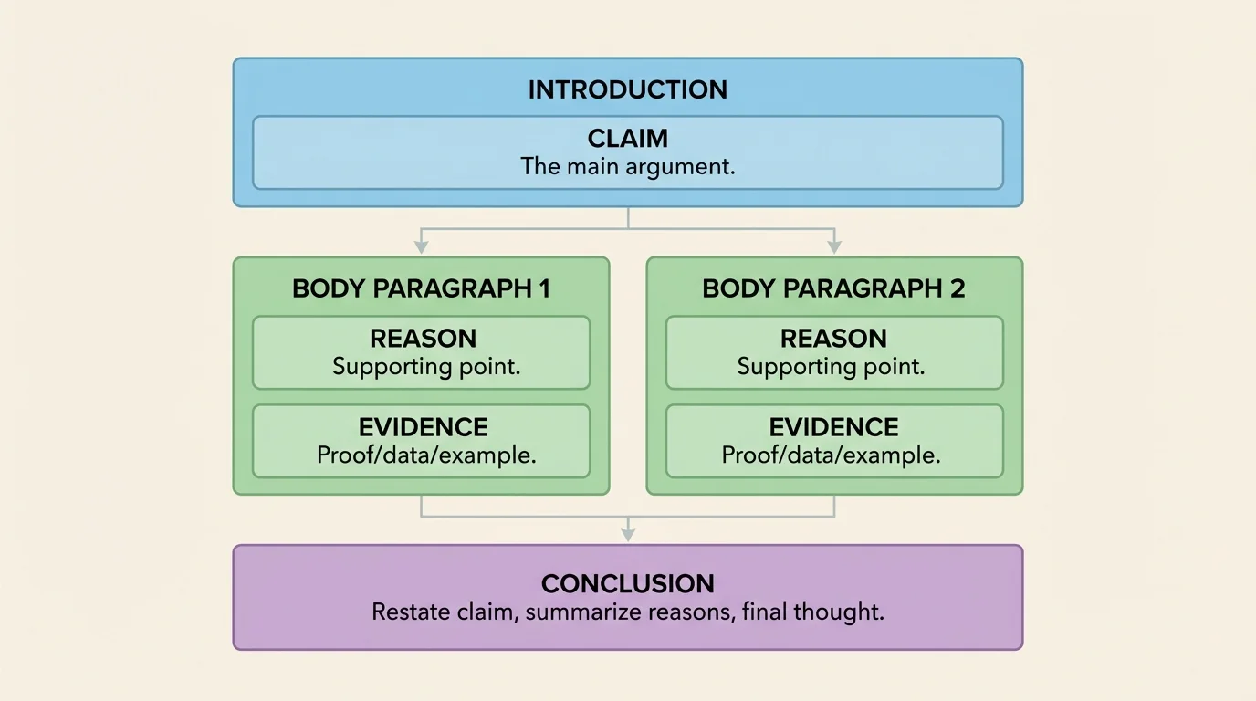 Argument essay structure with introduction containing claim, body paragraph 1 with reason and evidence, body paragraph 2 with reason and evidence, and conclusion