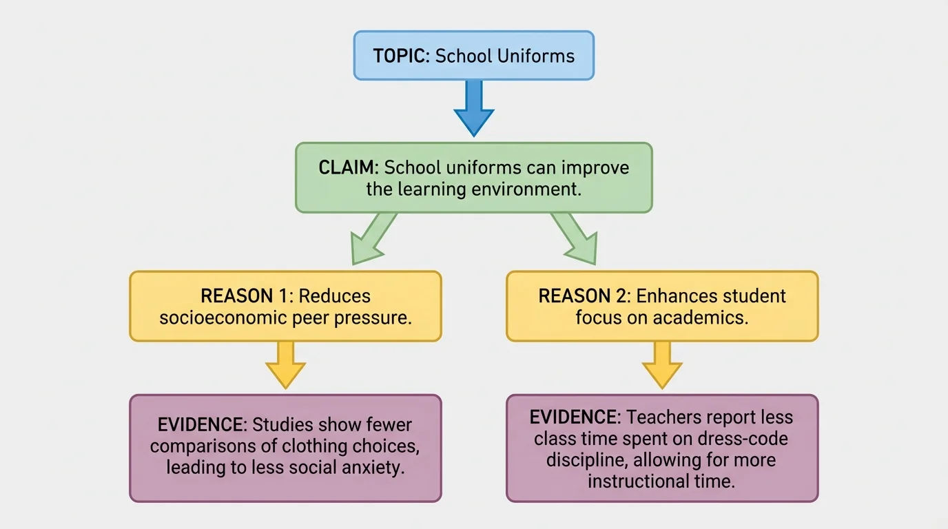 Topic 'school uniforms' leading to one claim, two reasons, and matching evidence boxes that show how an argument is built