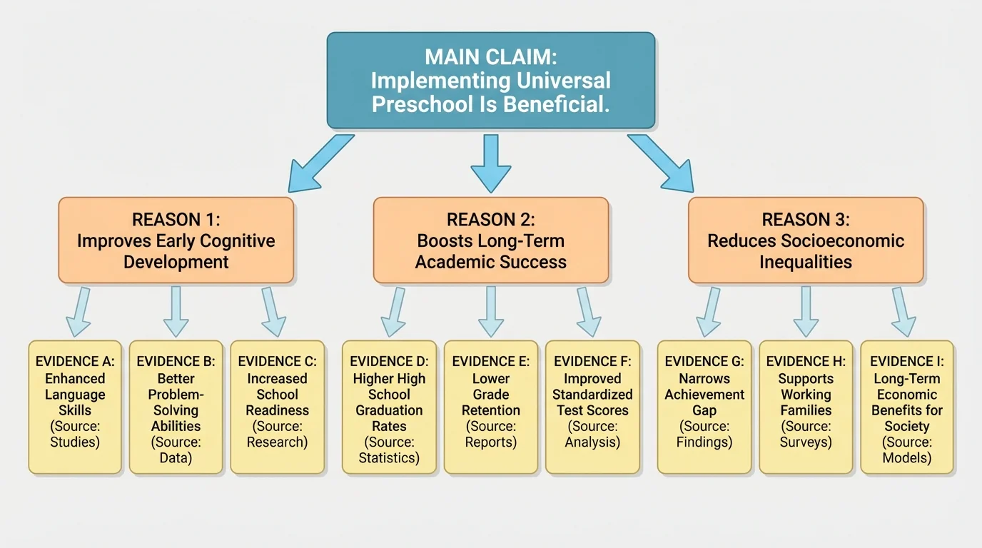 Argument map with central claim connected to three reason boxes, each with smaller evidence boxes underneath