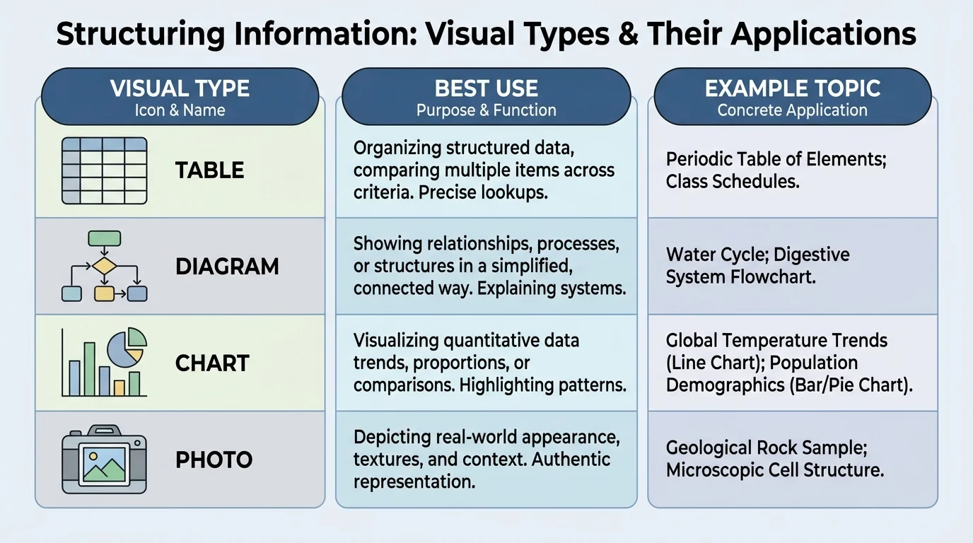 comparison chart with columns for visual type, best use, and example topic, including table, diagram, chart, and photo