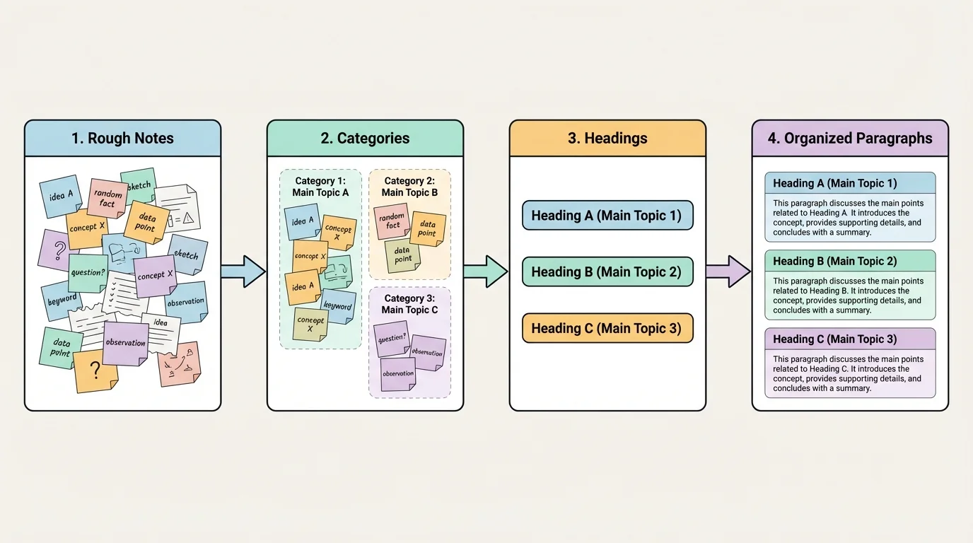 flowchart showing rough notes becoming categories, then headings, then organized paragraphs