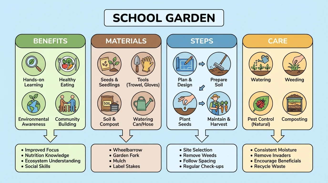 chart showing the topic school garden with details grouped into four categories: benefits, materials, steps, and care