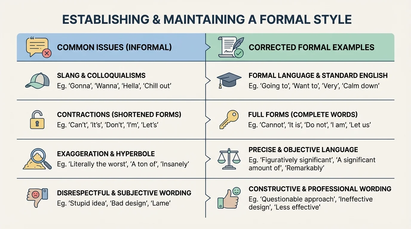 chart listing common issues such as slang, contractions, exaggeration, and disrespectful wording beside corrected formal examples