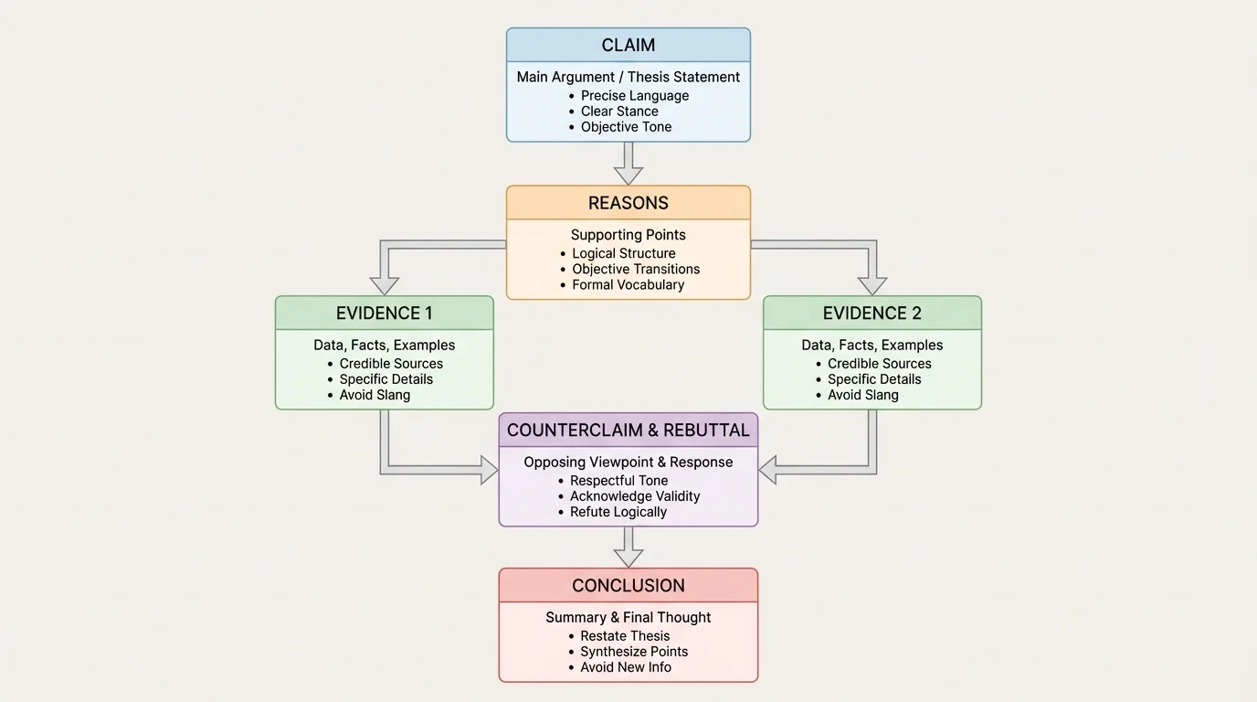 flowchart of an argument essay with boxes labeled claim, reasons, evidence, counterclaim, and conclusion, each marked with notes like precise language and respectful tone