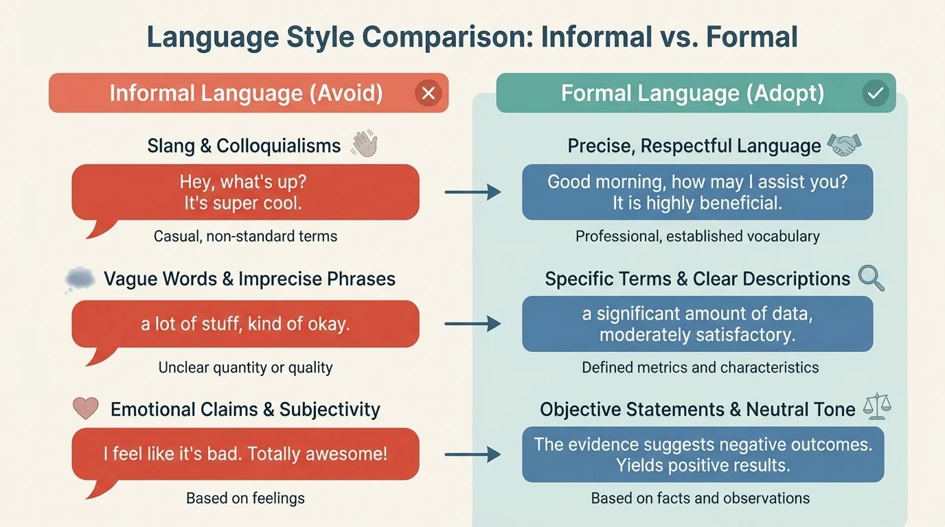 chart comparing informal phrases such as slang, vague words, and emotional claims with formal revisions using precise, respectful language