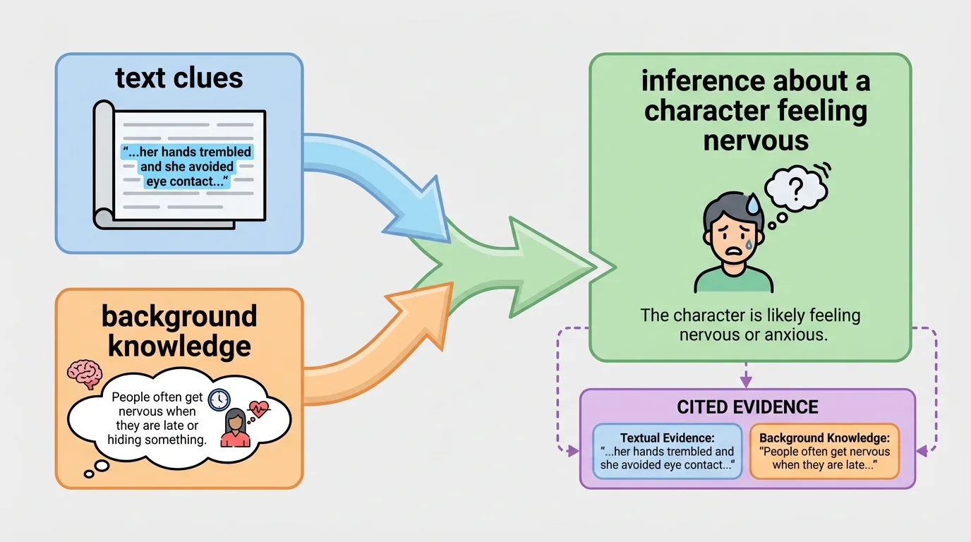 Two arrows labeled text clues and background knowledge joining into one box labeled inference about a character feeling nervous