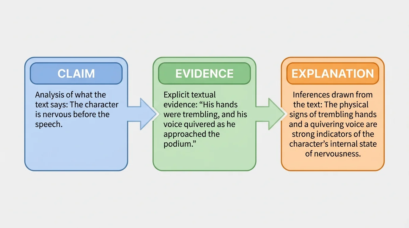 Three-box flowchart labeled claim, evidence, explanation using a short example about a character being nervous before a speech