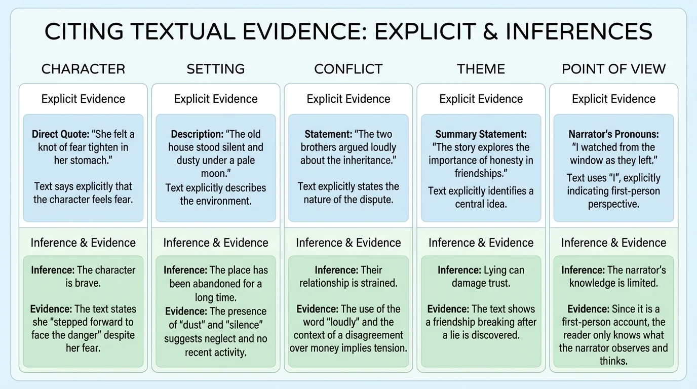 Chart listing literary elements—character, setting, conflict, theme, point of view—with one example kind of supporting evidence for each
