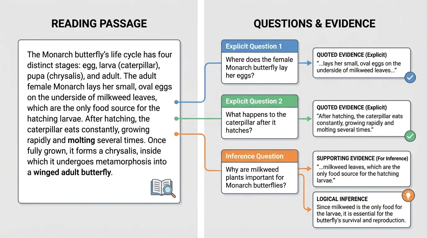 Short reading passage beside a set of explicit questions, each matched to exact quoted lines that directly answer the questions
