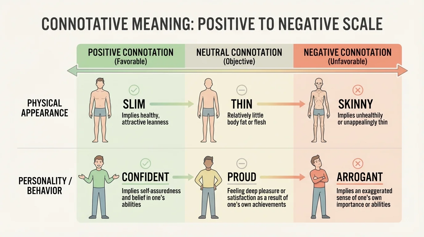 Chart comparing slim, thin, skinny and confident, proud, arrogant on a positive-to-negative scale